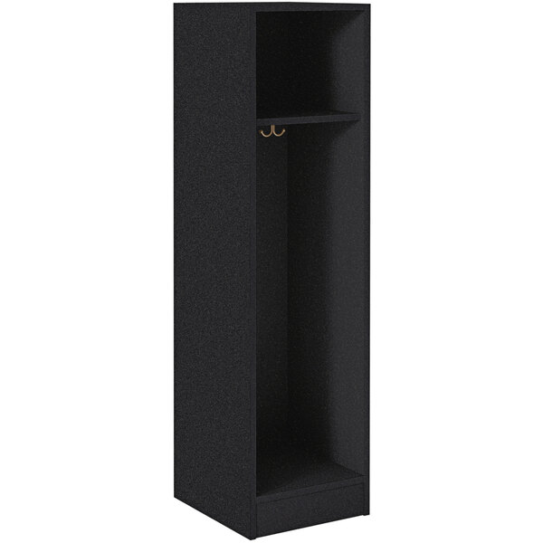 A black I.D. Systems storage locker with a shelf inside.