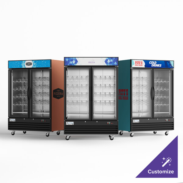 An Avantco black wine merchandiser with two glass doors.