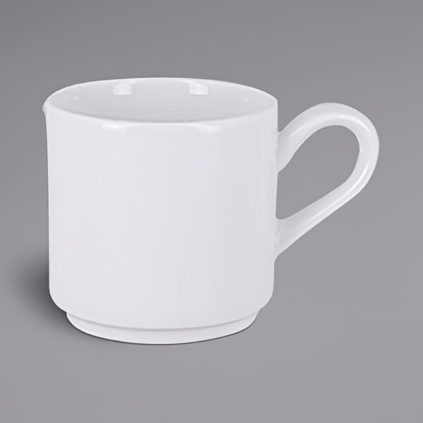 A white RAK Porcelain espresso cup with a handle.