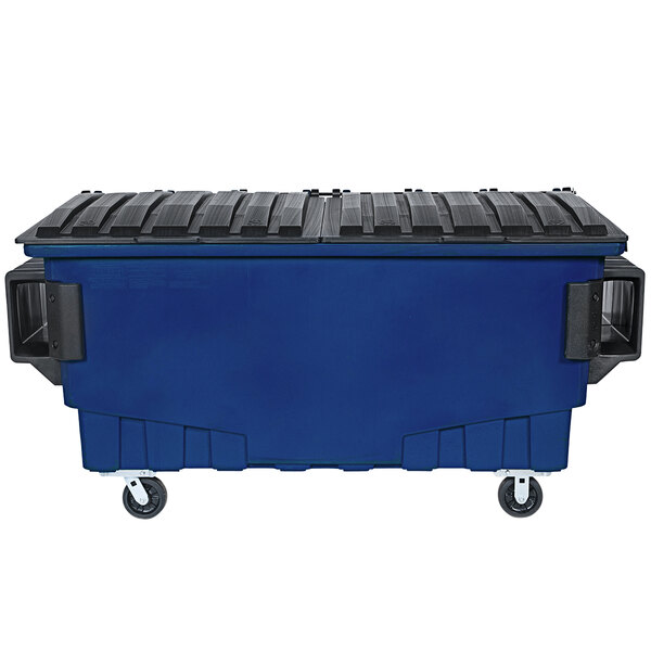 a blue and black trash can