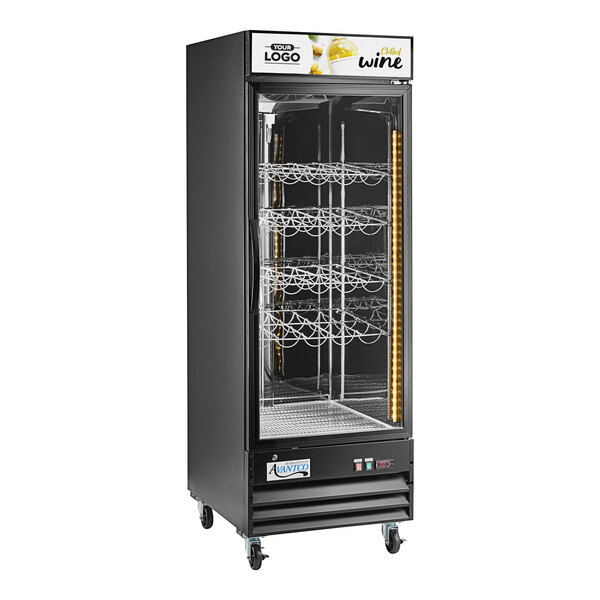 An Avantco black merchandising refrigerator with a glass door.
