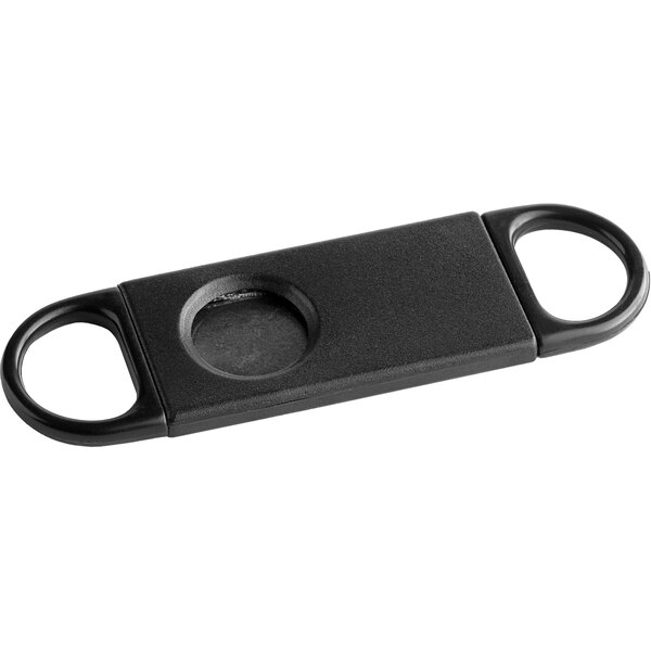 A black rectangular Franmara cigar cutter with two rings on it.