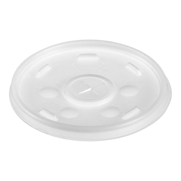 A white plastic lid with a straw slot.