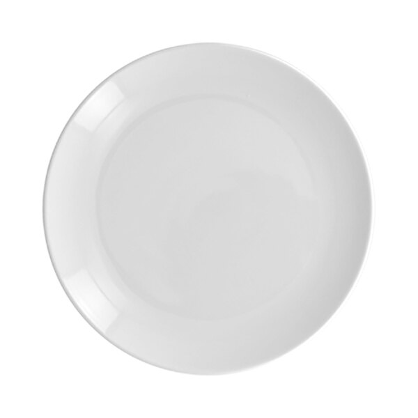 A plain white porcelain flat coupe plate.