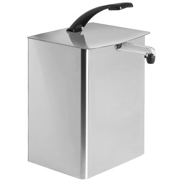 A silver rectangular Nemco Asept stainless steel countertop pump dispenser with a black handle.