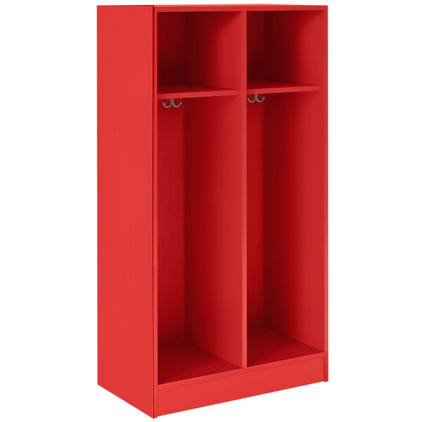 A tulip red double storage locker with two shelves inside.