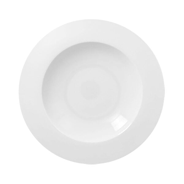 A white, wide-rim porcelain deep plate.
