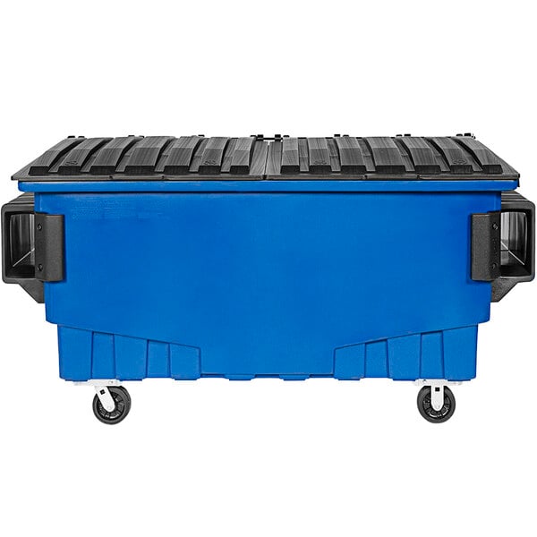 A blue and black Toter dumpster with wheels.