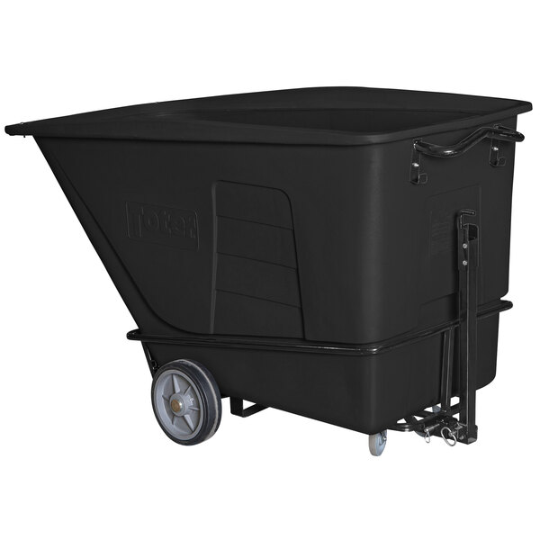 A black plastic container on wheels.
