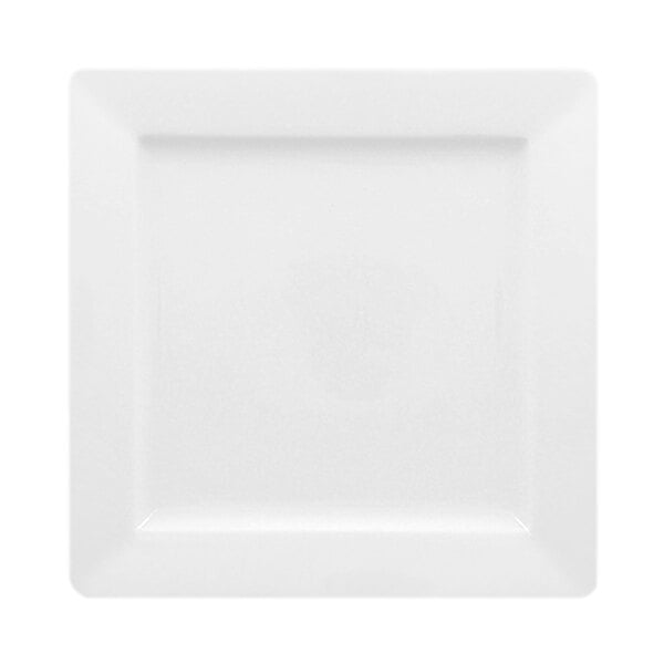 A white, square porcelain plate with a wide rim.