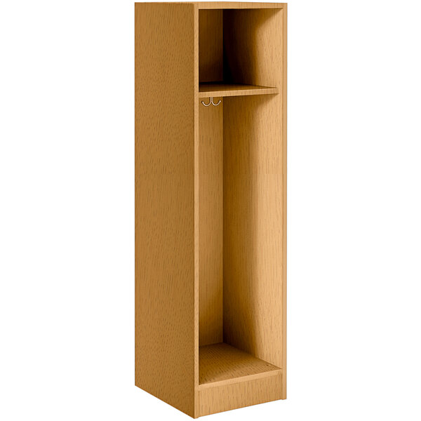 A light oak I.D. Systems single storage locker with a door and a shelf inside.