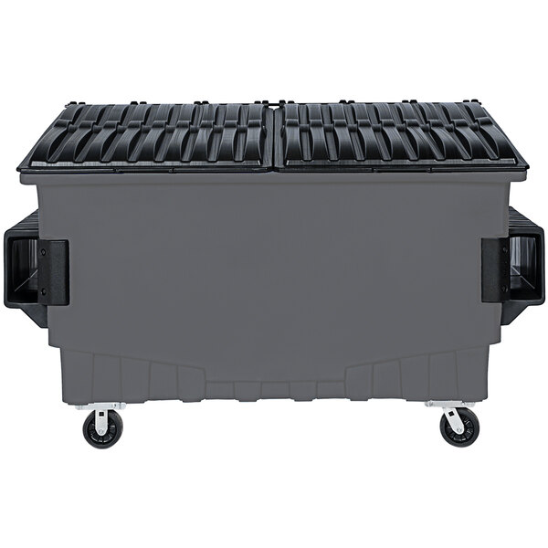 A dark cool gray Toter front end loading mobile trash container with wheels.