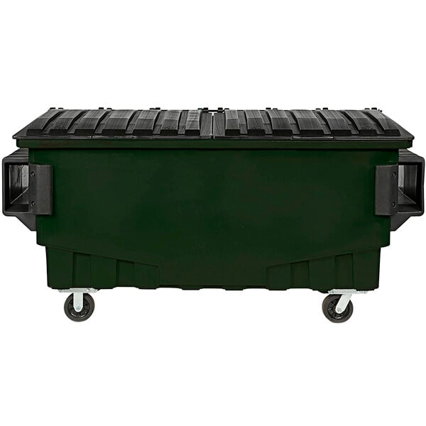 A forest green Toter front end loading dumpster with wheels.