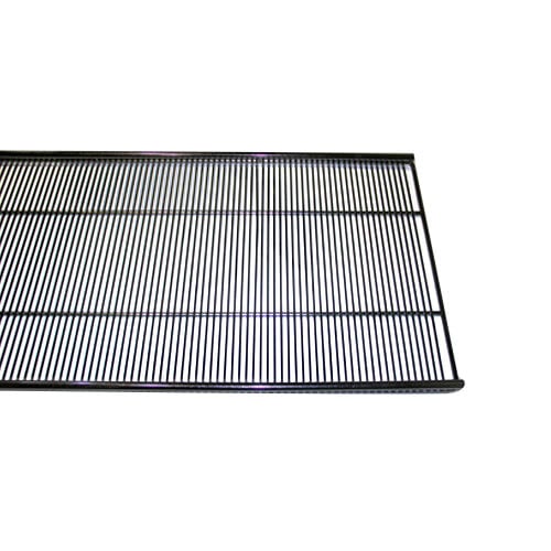 A chrome wire shelf with clips for a narrow gap on a black metal grid.