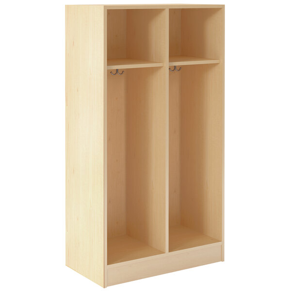 A wooden locker with two shelves and two doors.