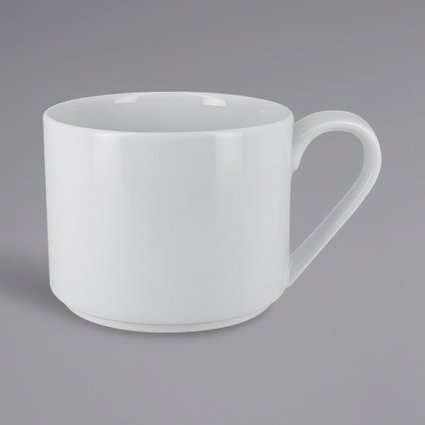 A white RAK Porcelain breakfast cup with a handle.