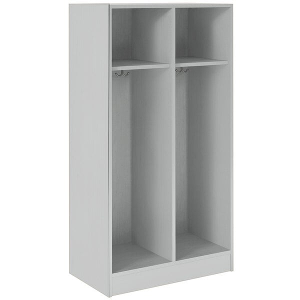 A fashion grey double storage locker with two doors and shelves inside.