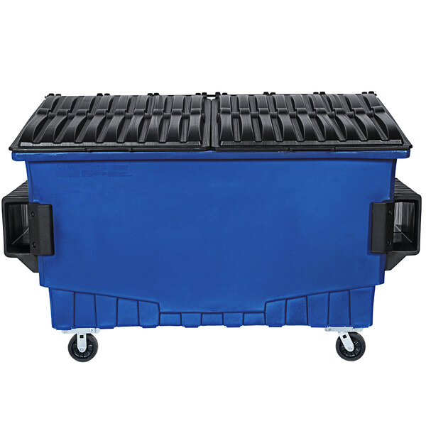 A blue Toter dumpster with black lid and wheels.