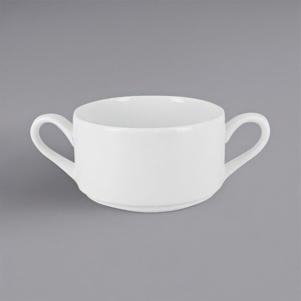 A close up of a RAK Porcelain bright white soup bowl with two handles.