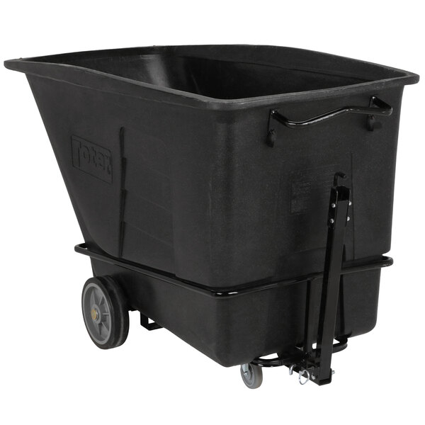 A black plastic Toter tilt truck on wheels.
