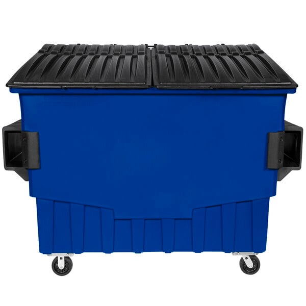A blue Toter dumpster with black lid and wheels.