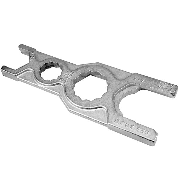 A silver metal Sloan A50 repair wrench with two holes.