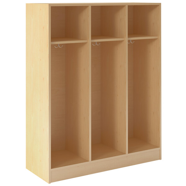 A maple wooden locker with three shelves and two doors.