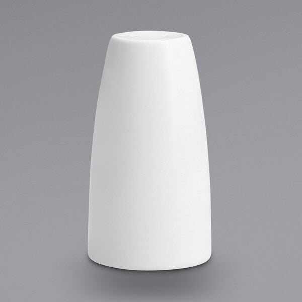 A white cylindrical Fortessa porcelain pepper shaker.