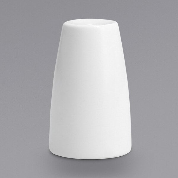 A white cylindrical Fortessa porcelain salt shaker.