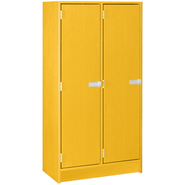 A sun yellow double storage locker with doors and silver handles.