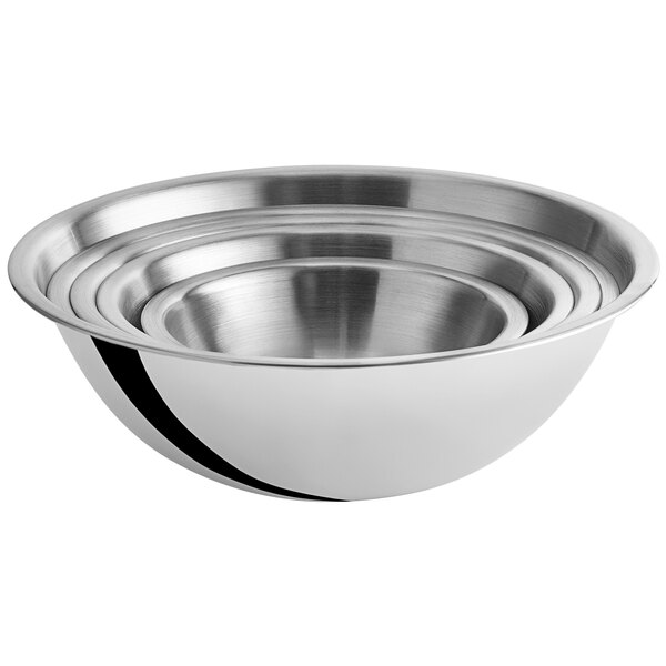 A close-up of a Choice stainless steel mixing bowl with a handle.
