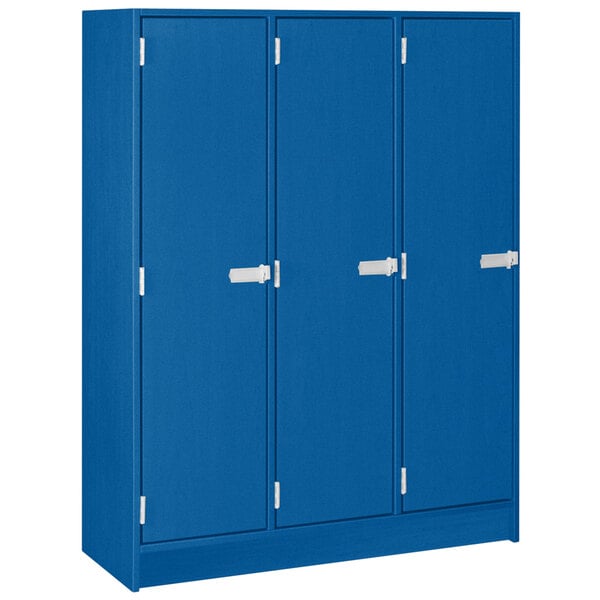 A royal blue triple storage locker with doors.