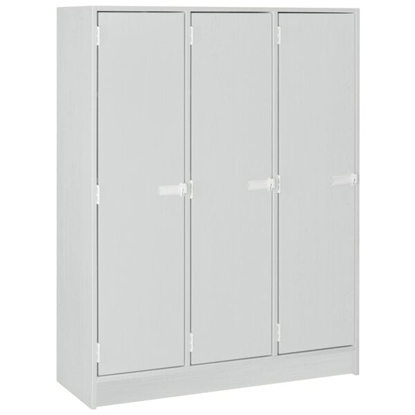 A white rectangular I.D. Systems storage locker with three doors.