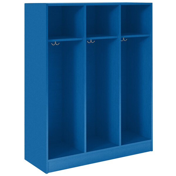 A royal blue triple storage locker with shelves.