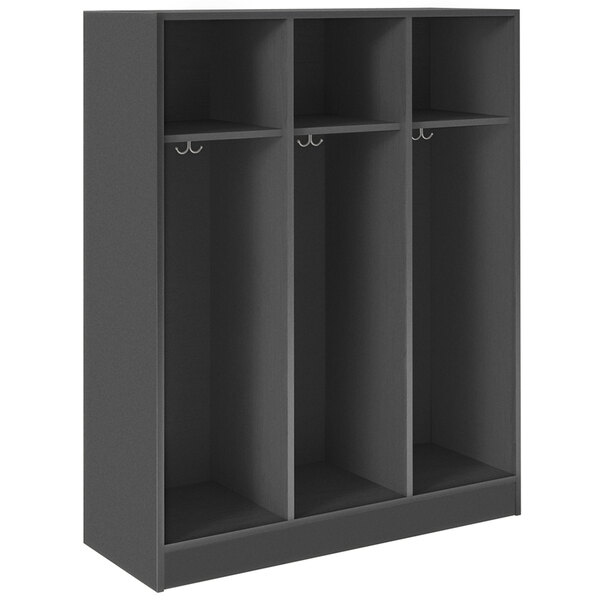 A black locker with three shelves and two doors.