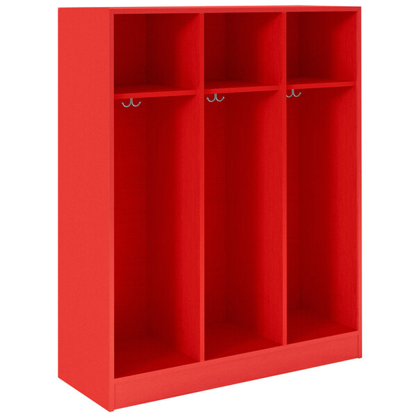 a red shelf with hooks