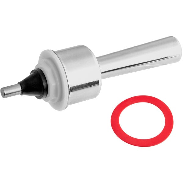 A close-up of a Sloan metal handle assembly with a red ring.