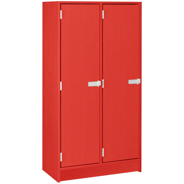 a close up of a red cabinet