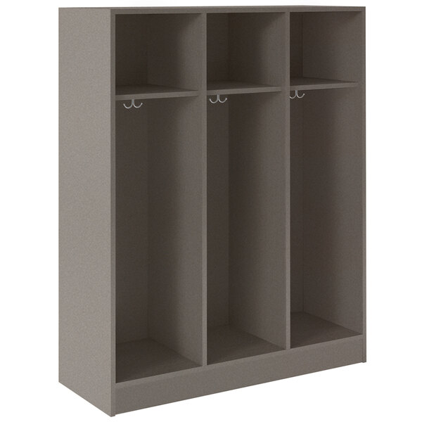 A grey I.D. Systems locker with three shelves and two doors.