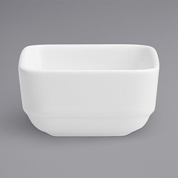 A white square Fortessa Fortaluxe ramekin.