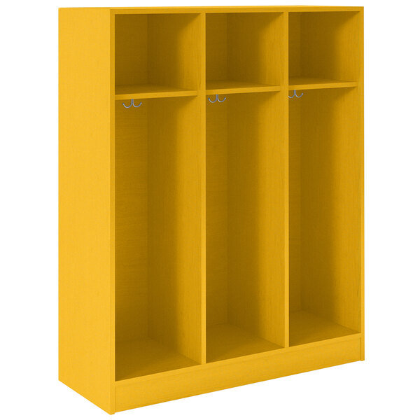 A sun yellow triple storage locker with shelves.