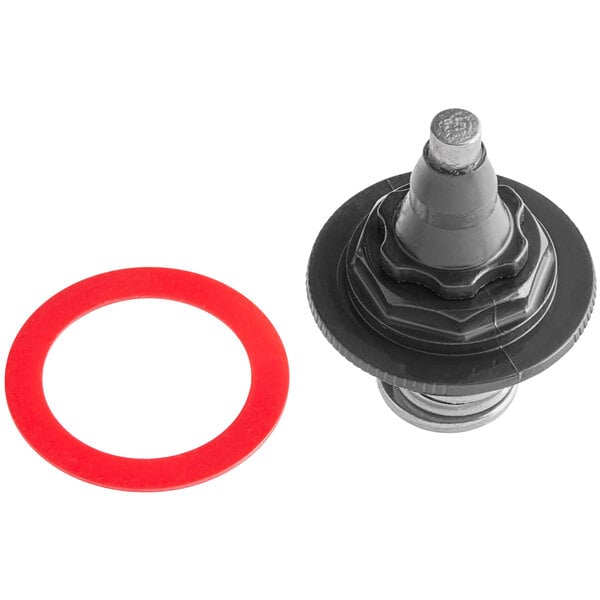 A black and red rubber ring with a valve next to a Sloan red circle.