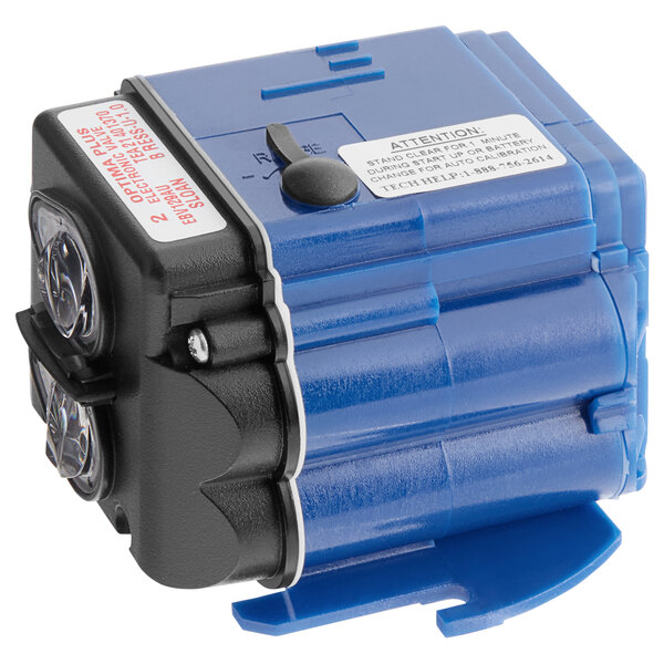 A blue and black Sloan electronic module with a white label.