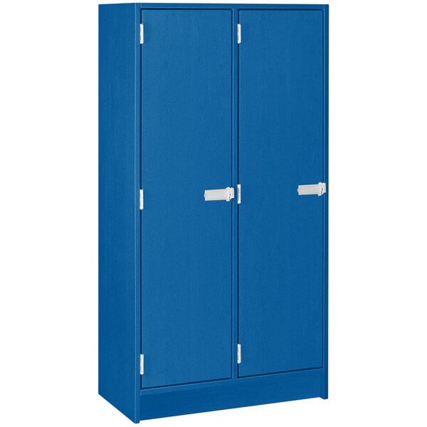 A royal blue I.D. Systems double storage locker with doors and white handles.