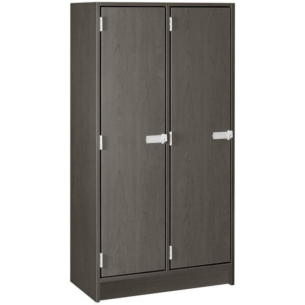 A dark elm storage locker with doors.