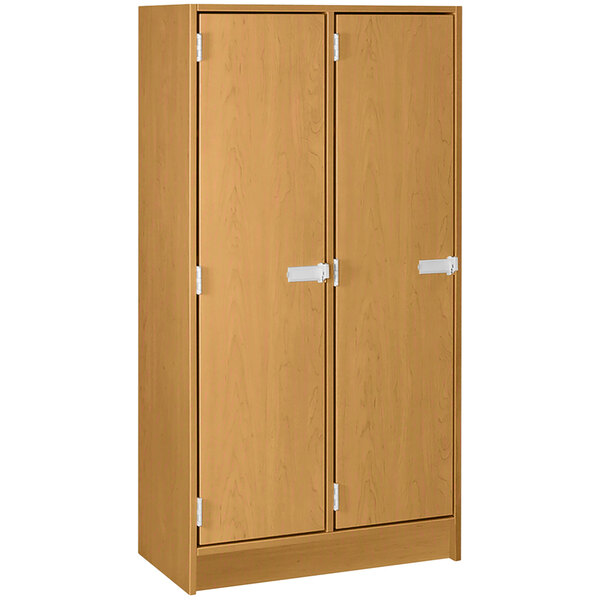 A light oak wooden locker with double doors.