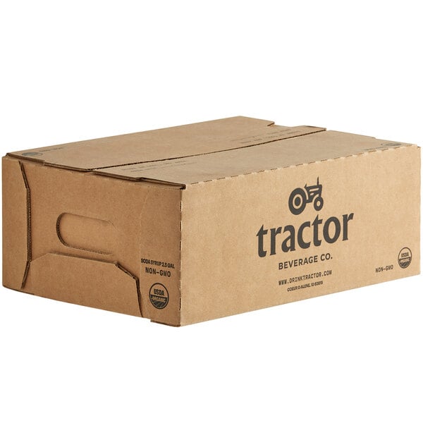 A brown Tractor Beverage Co. box with black text on it.