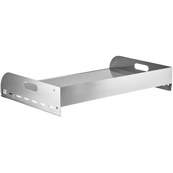 A stainless steel Backyard Pro griddle plate with handles.