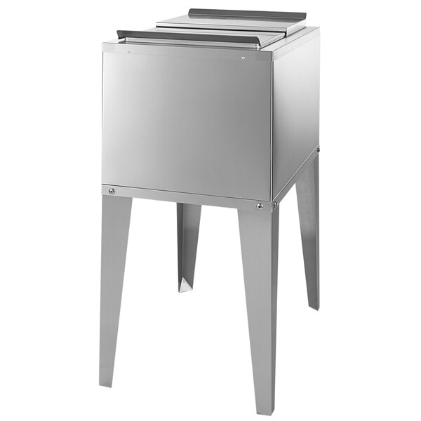 A silver rectangular Cornelius underbar ice chest with legs.
