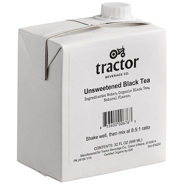 A white carton of Tractor Beverage Co. Organic Unsweet Tea Beverage Concentrate.